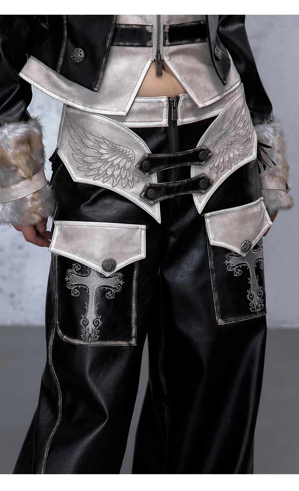 Lace Panel Buckle Detail Wide Leg PU Leather Pants