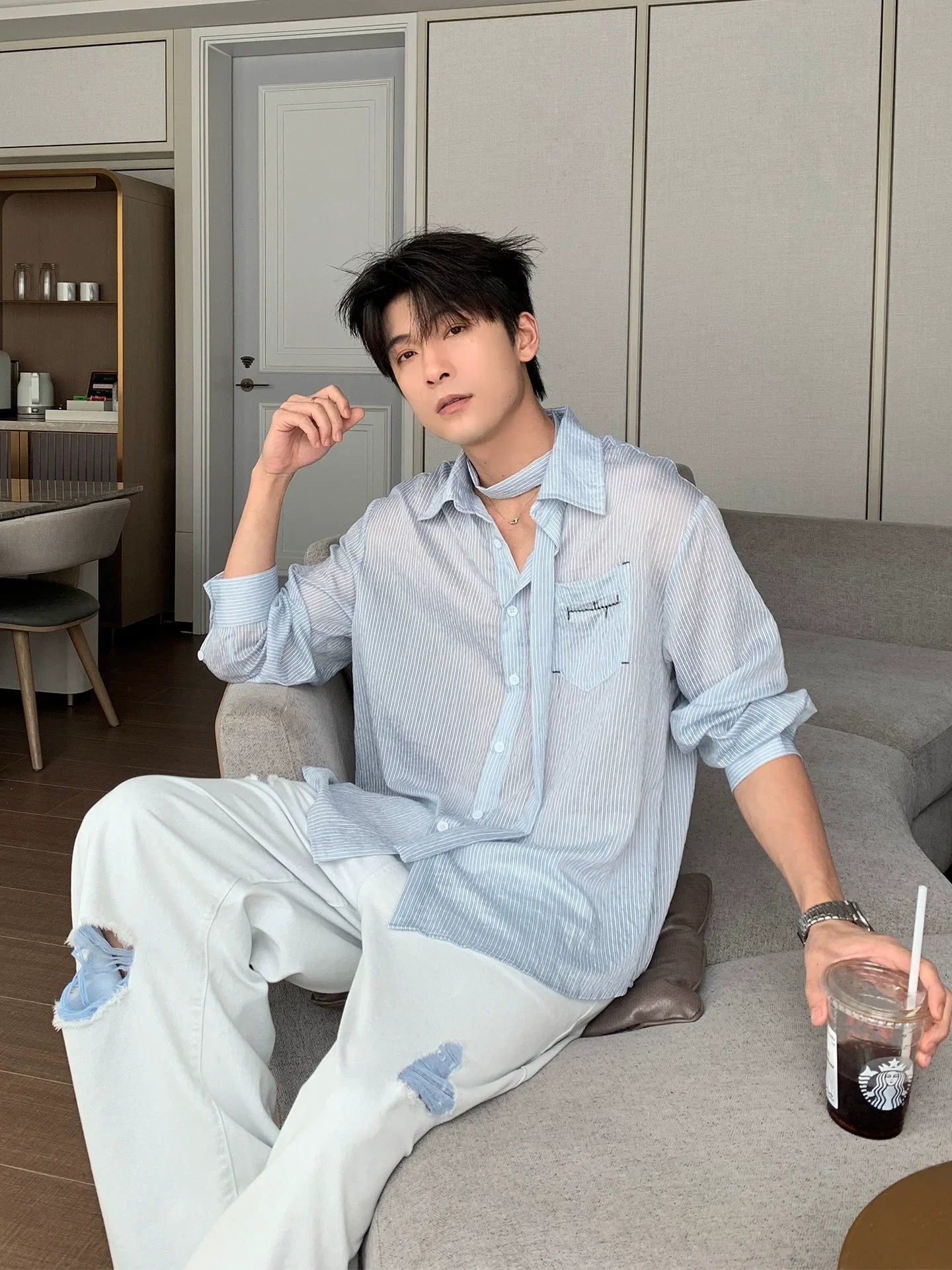 Thin Stripe Sunscreen Long Sleeve Shirt