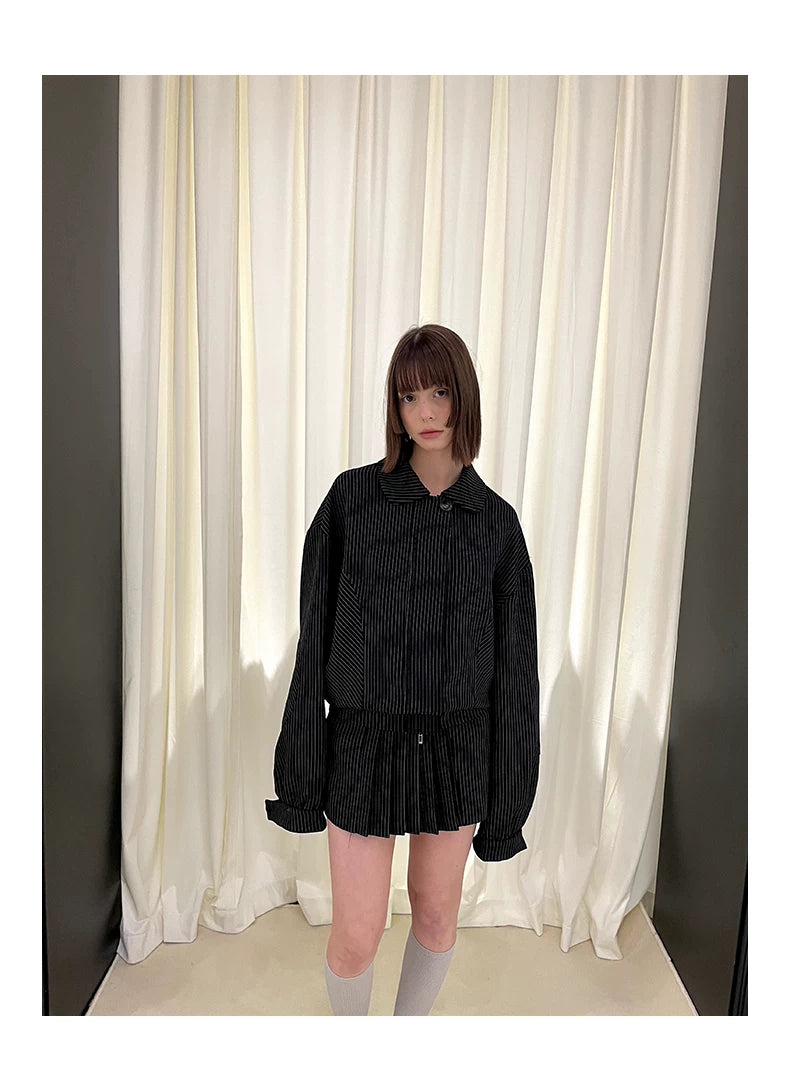 Stripe Polo Collar Jacket & Pleated Short Skirt Setup