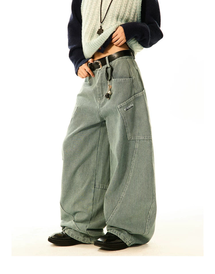 Stripe Pattern Wide Leg Denim Jeans