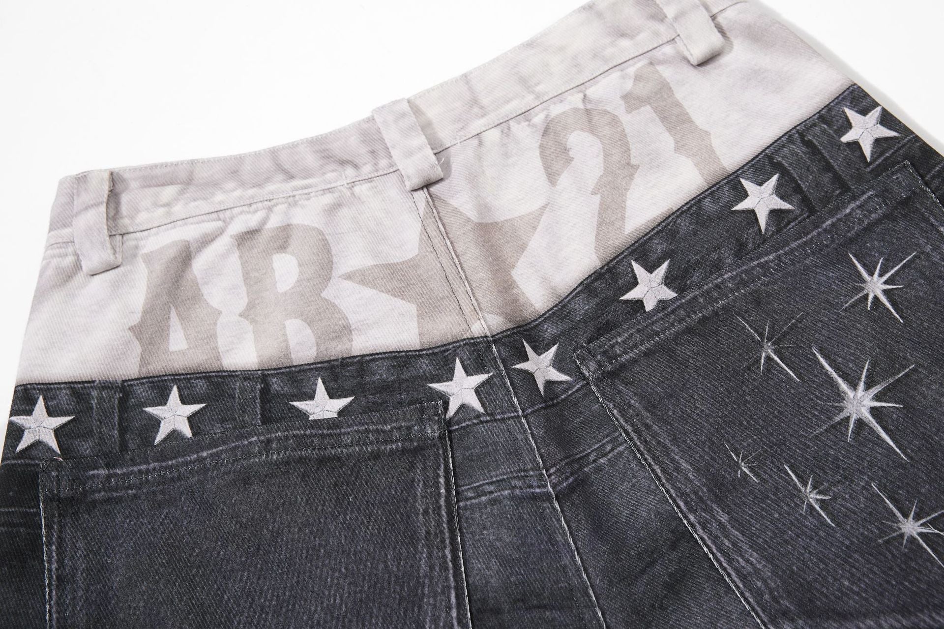 Star Damage Washed Wide Leg Denim Jeans