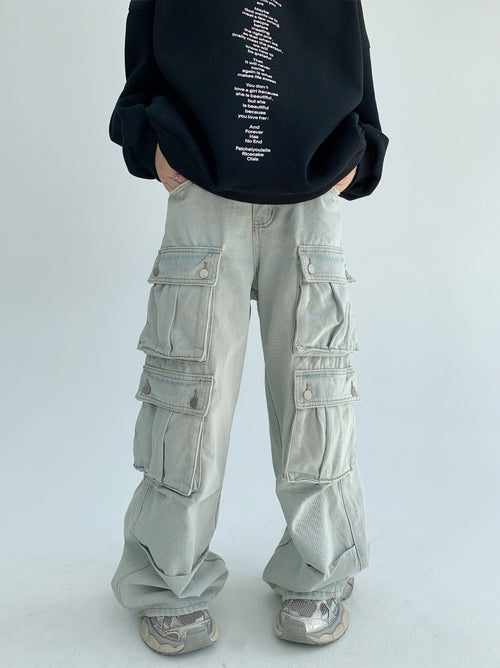 Multiple Pocket Wide-Leg Cargo Denim Jeans - Blue / XS