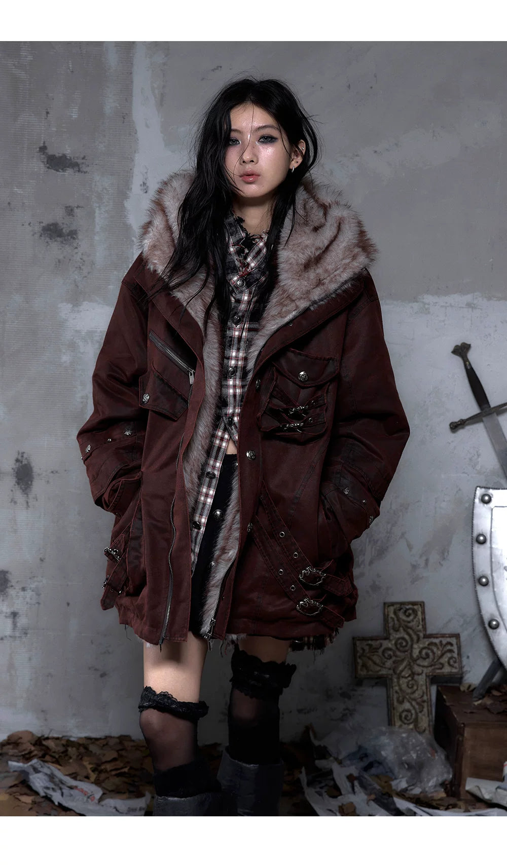 Fake Fur Hooded Multi-Pocket Buckle Detail Jacket