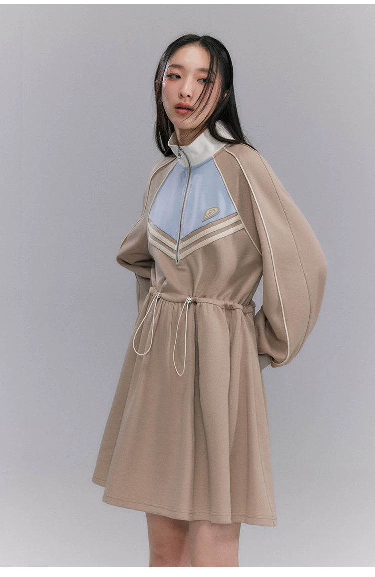 Embroidery Color Blocking Sporty Long Sleeve Jersey Dress
