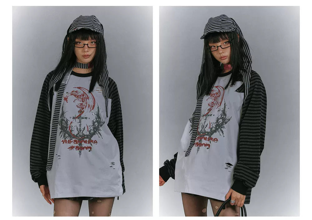 Raglan Stripe Damage Patchwork Long Sleeve T-Shirt