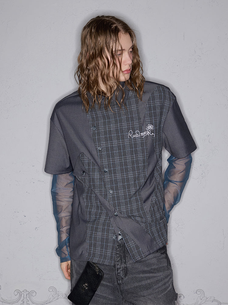 Patchwork Embroidery Asymmetric Oversize Short Sleeve Shirt