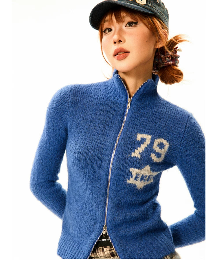 Number Patch Knit Zipper Stand Neck Cardigan