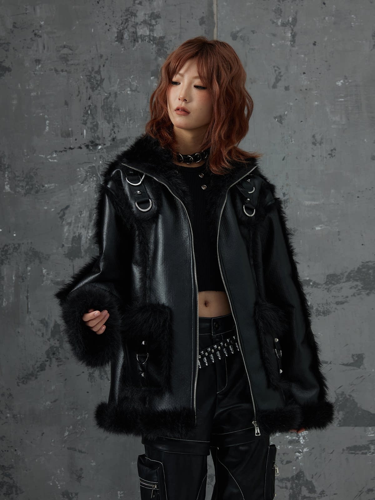 Punk Oversize Metal-Accent Shearling Jacket