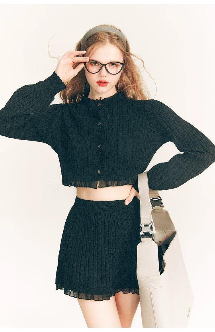 Tulip Button Knit Cardigan & Knit Short Skirt Setup