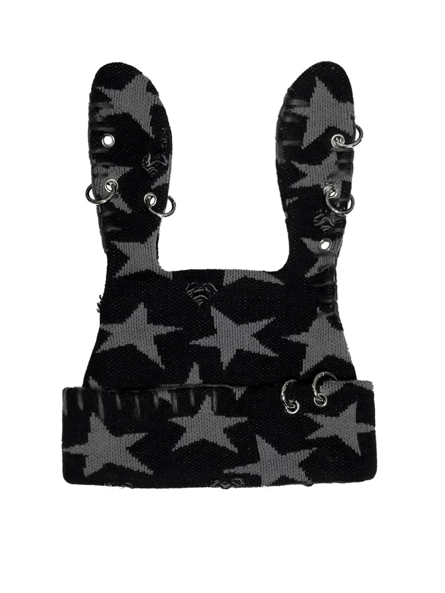 Star Print Rabbit Ear Knit Hat