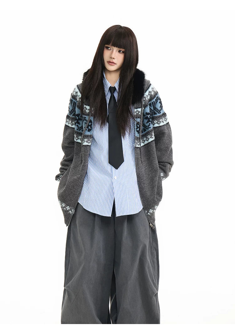 Fur Collar Fair Isle Hooded Knit Cardigan