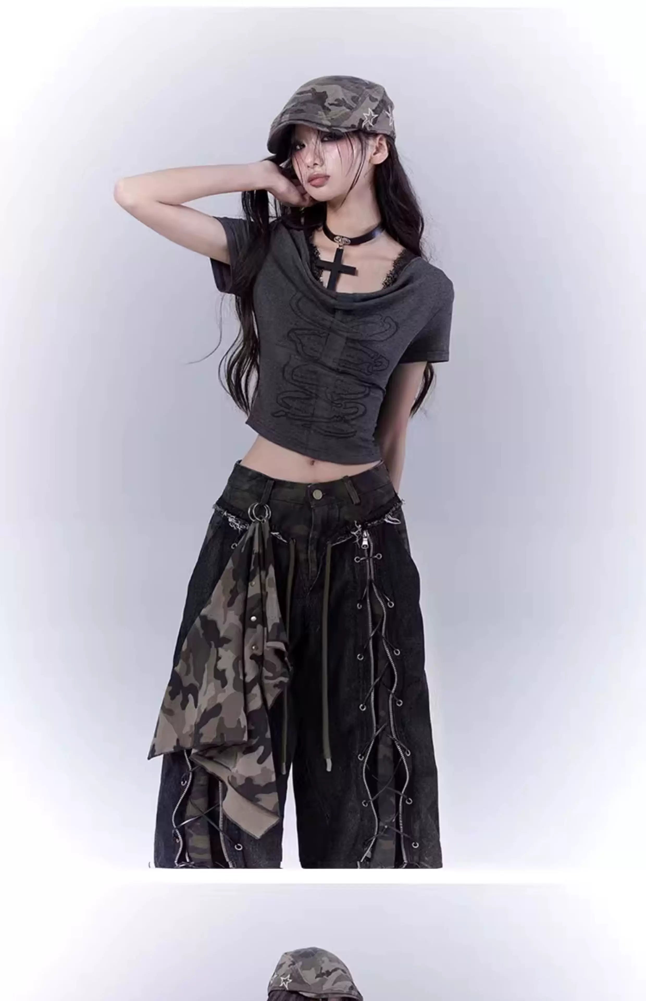 Cutout Cross Print Lace Short Sleeve T-Shirt