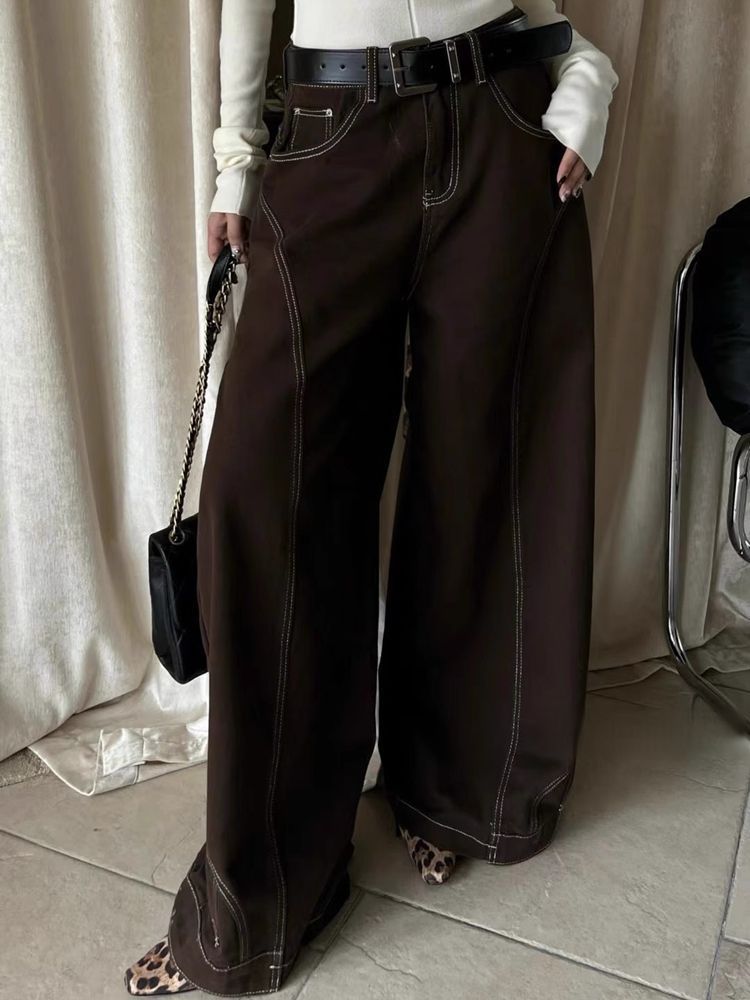 Retro High-Waisted Brown Wide-Leg Jeans