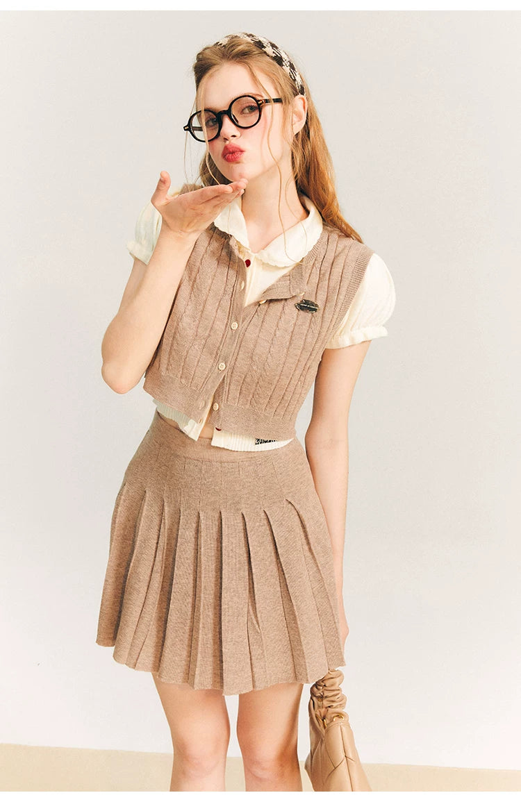 Button Knit Vest & Knit Pleated Skirt Setup