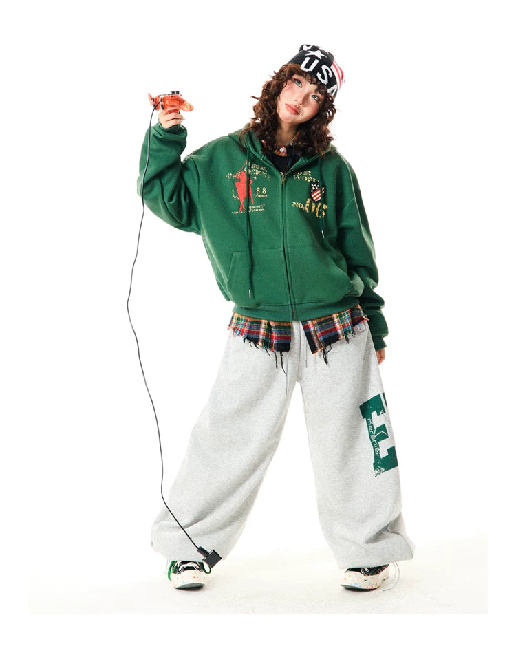 Letter Embroidery Washed Zipper Hoodie
