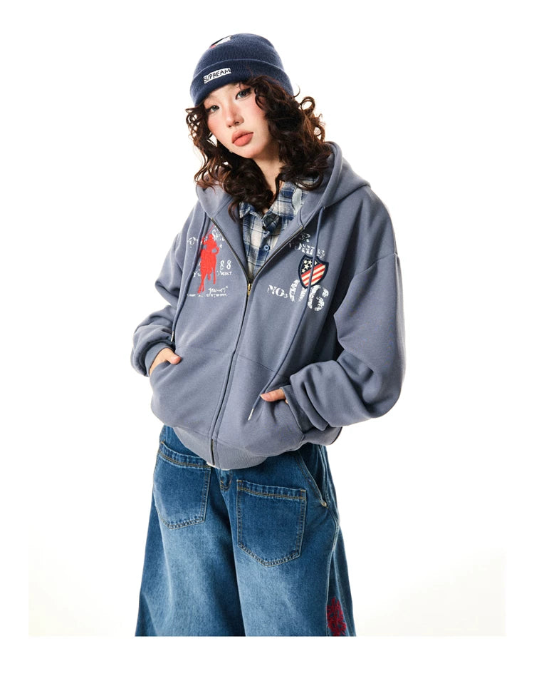 Letter Embroidery Washed Zipper Hoodie