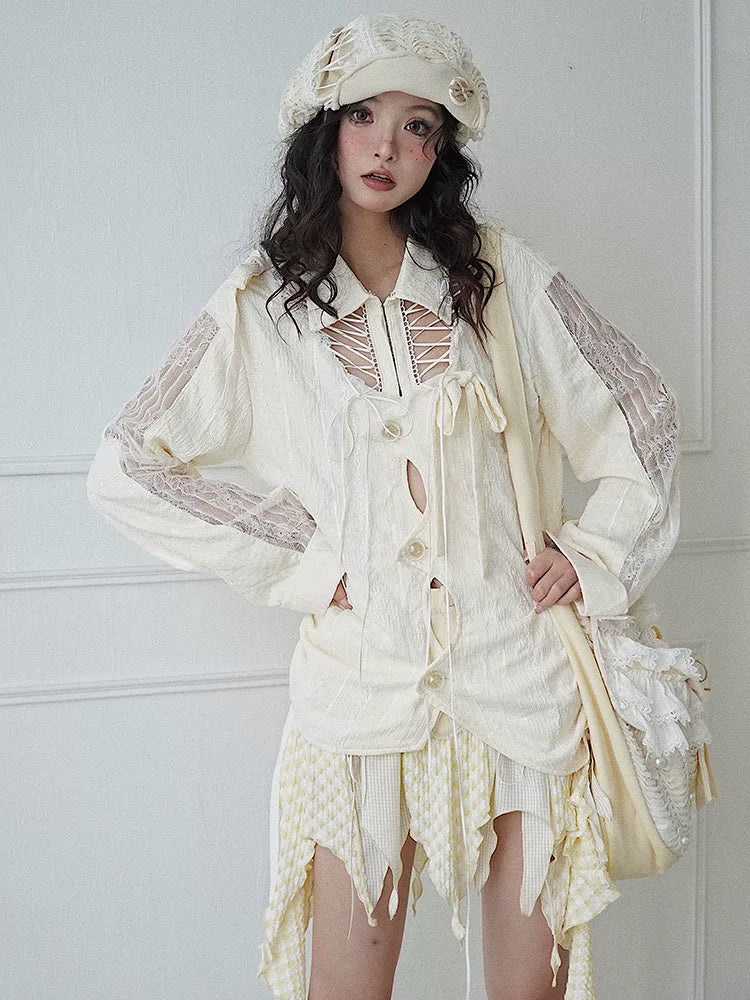 Textured Hollow-Out Tie-Strap Long Sleeve Shirt