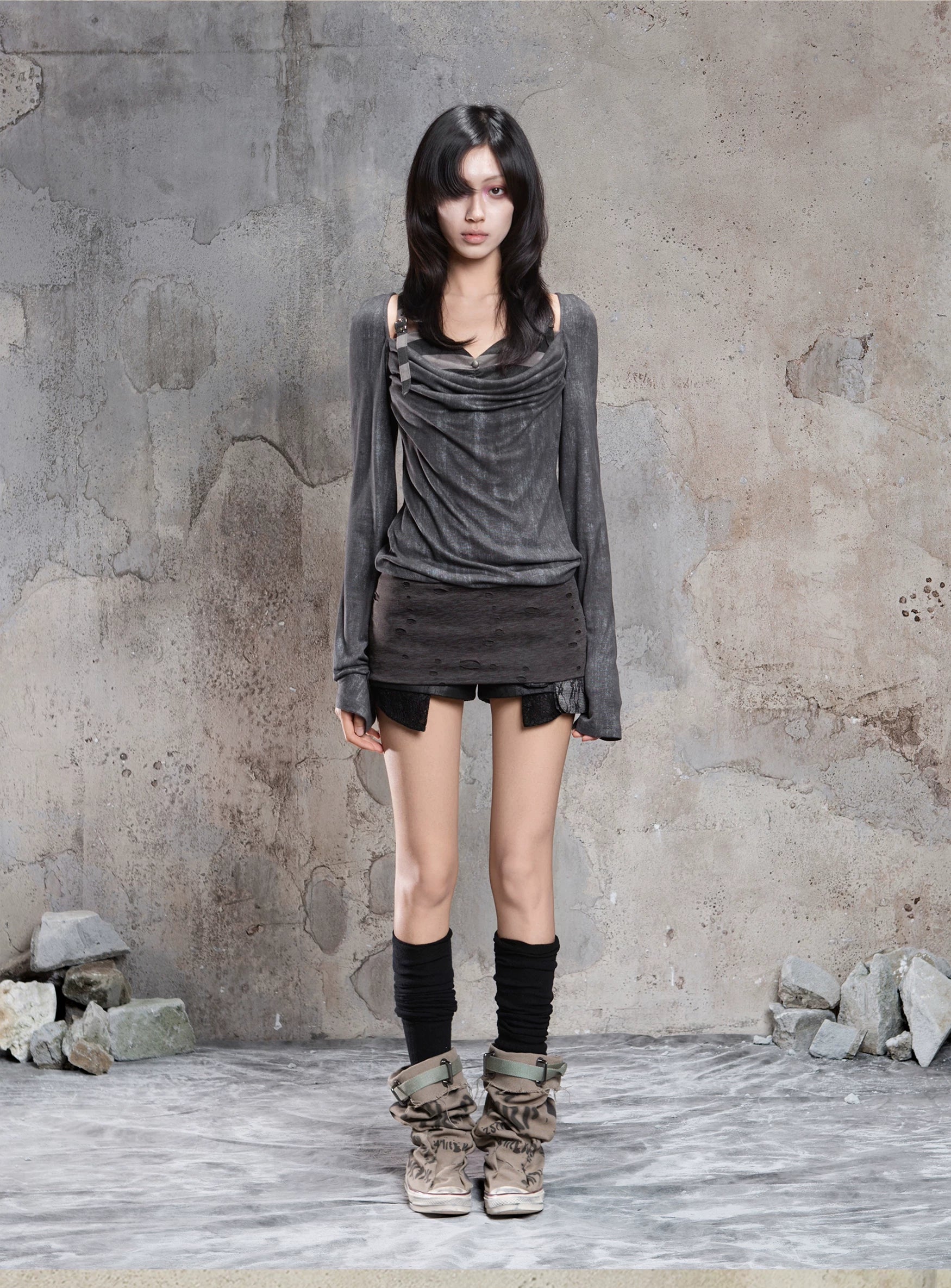 Fake Two-Piece Draped Pleated Mid- Length Slimming Long Sleeve T-Shirts