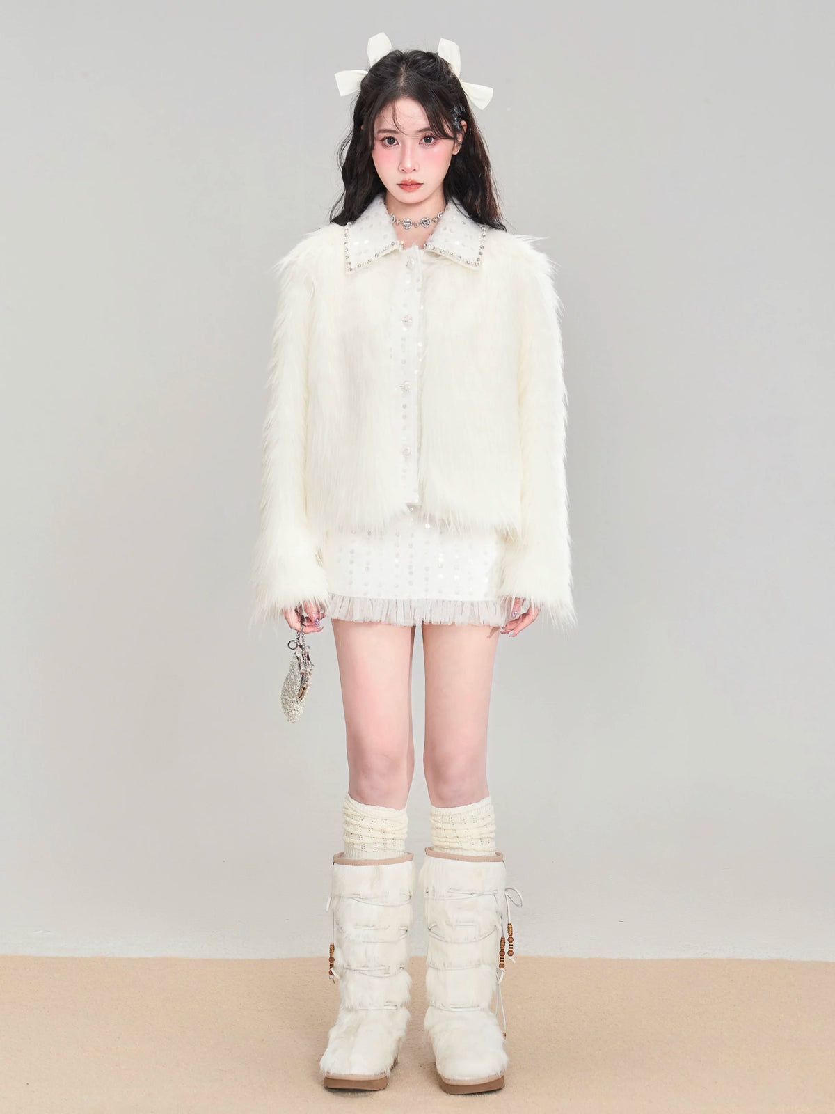 Eco Fur Warm Jacket & Short Skirt & Long Skirt Setup