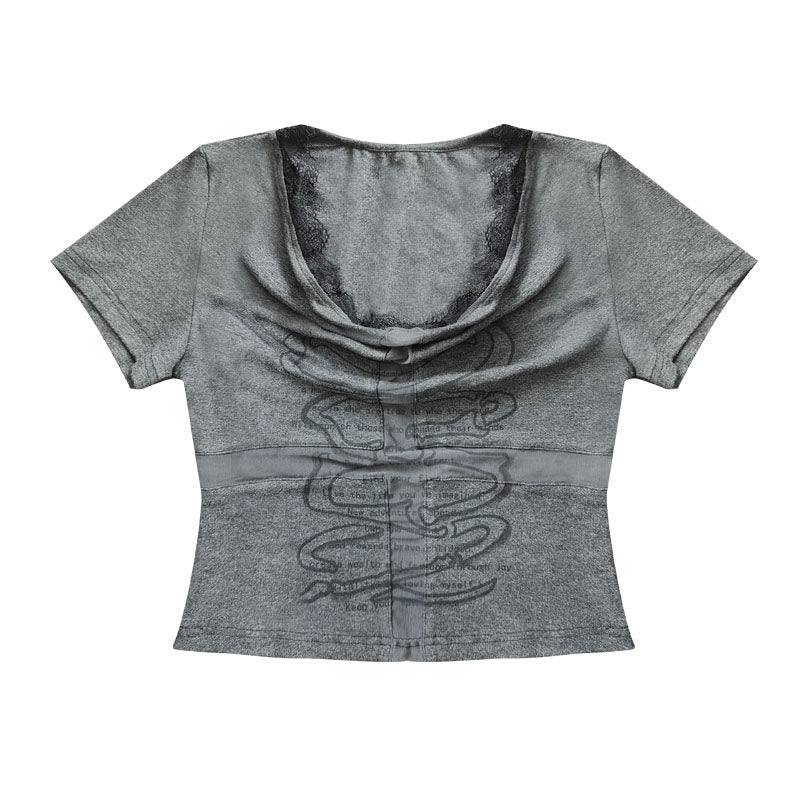 Cutout Cross Print Lace Short Sleeve T-Shirt