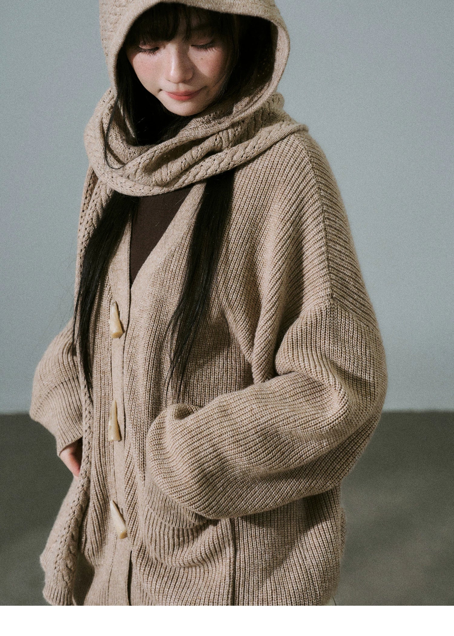 Hooded Horn Button Fleece Lining Knit Cardigan