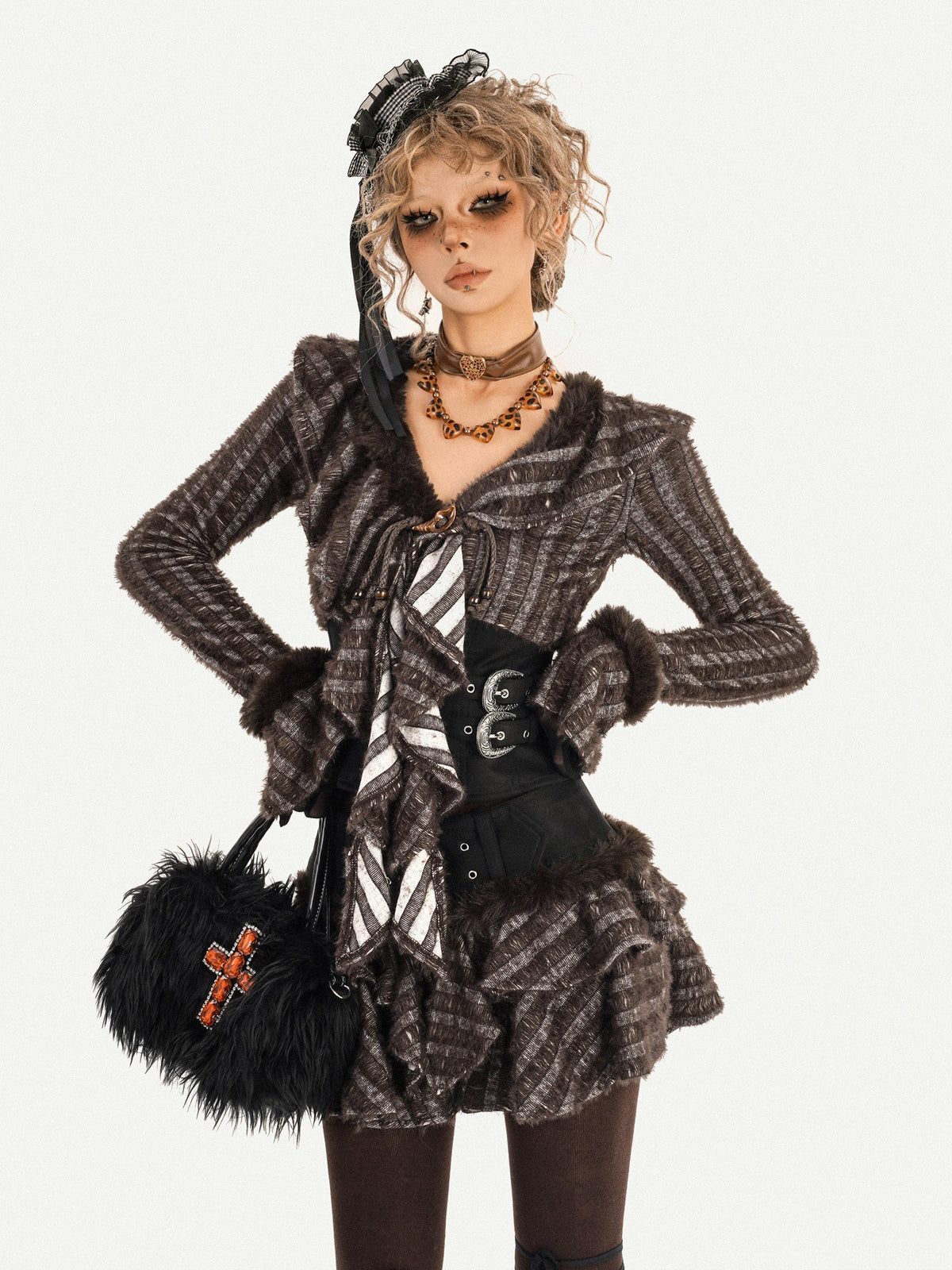 Original Design Patchwork Raw Edge Slim Long Sleeve Shirt & Skirt Setup