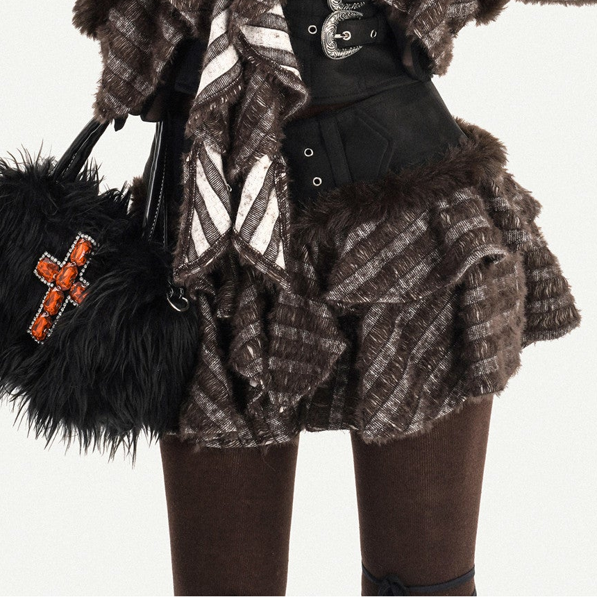Original Design Patchwork Raw Edge Slim Long Sleeve Shirt & Skirt Setup