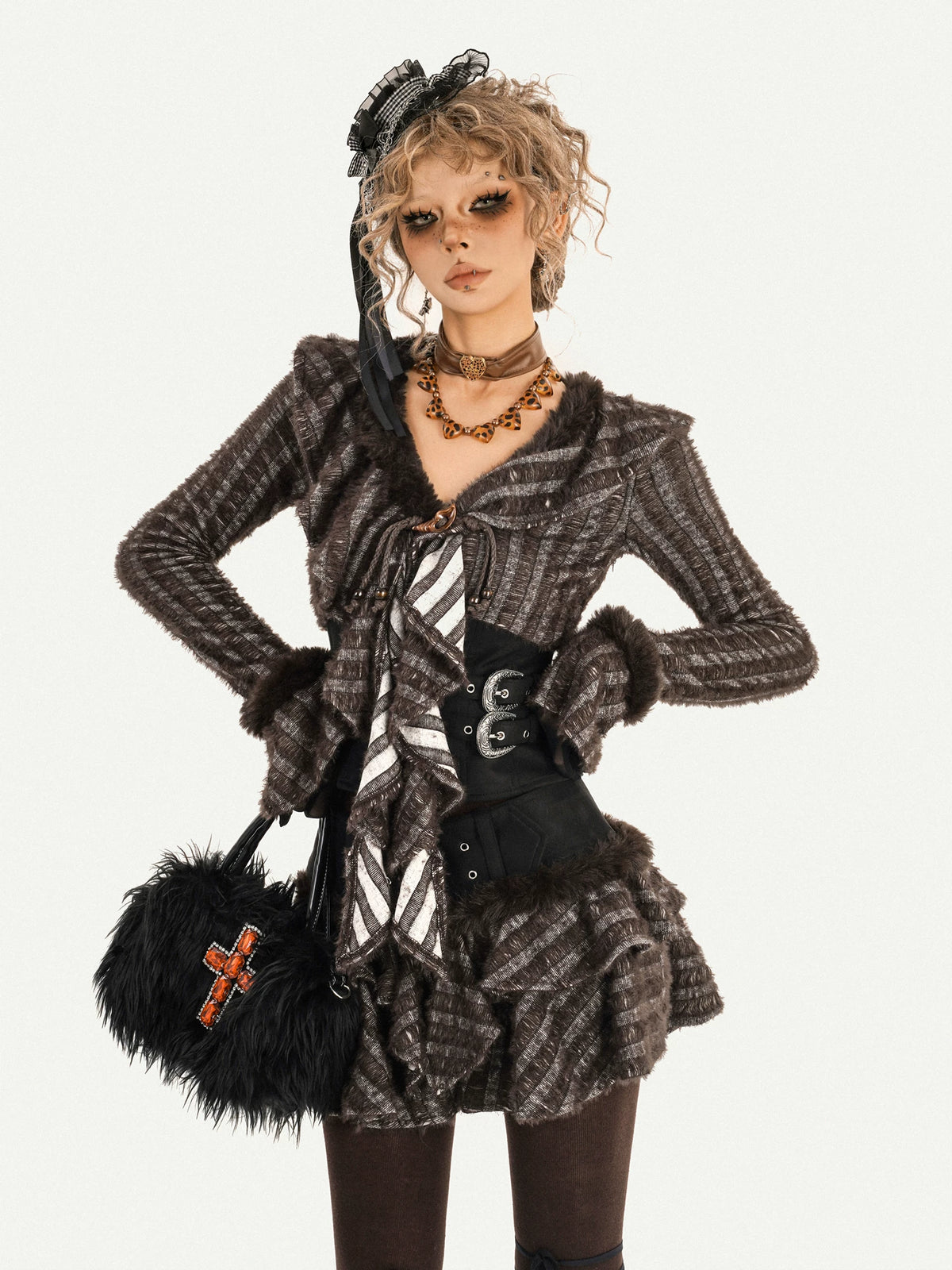 Original Design Patchwork Raw Edge Slim Long Sleeve Shirt & Skirt Setup