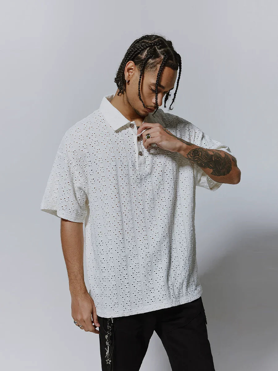 Hollow Design Oversize Short Sleeve Polo Shirt