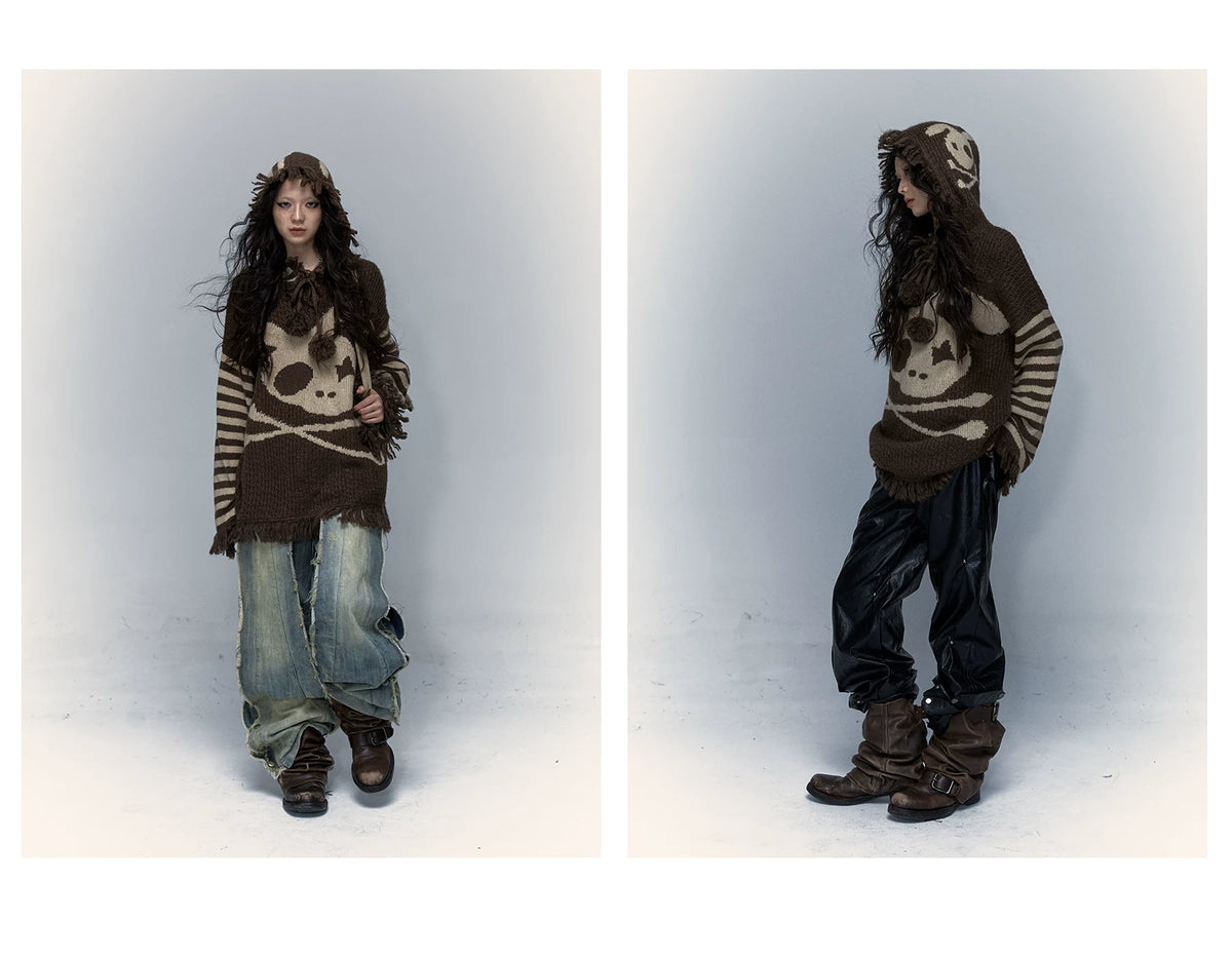 Skull Print Stripe Oversize Knit Hoodie
