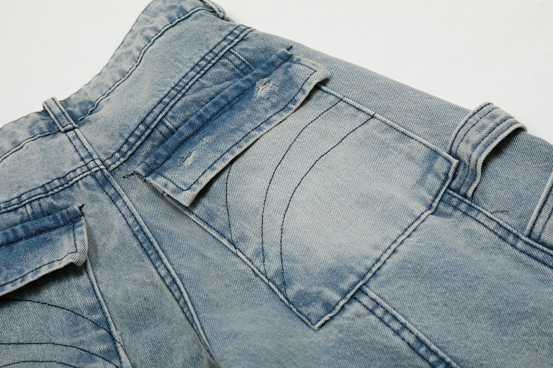 Washed Curved Multi Pocket Wide Leg Cargo Denim Jeans