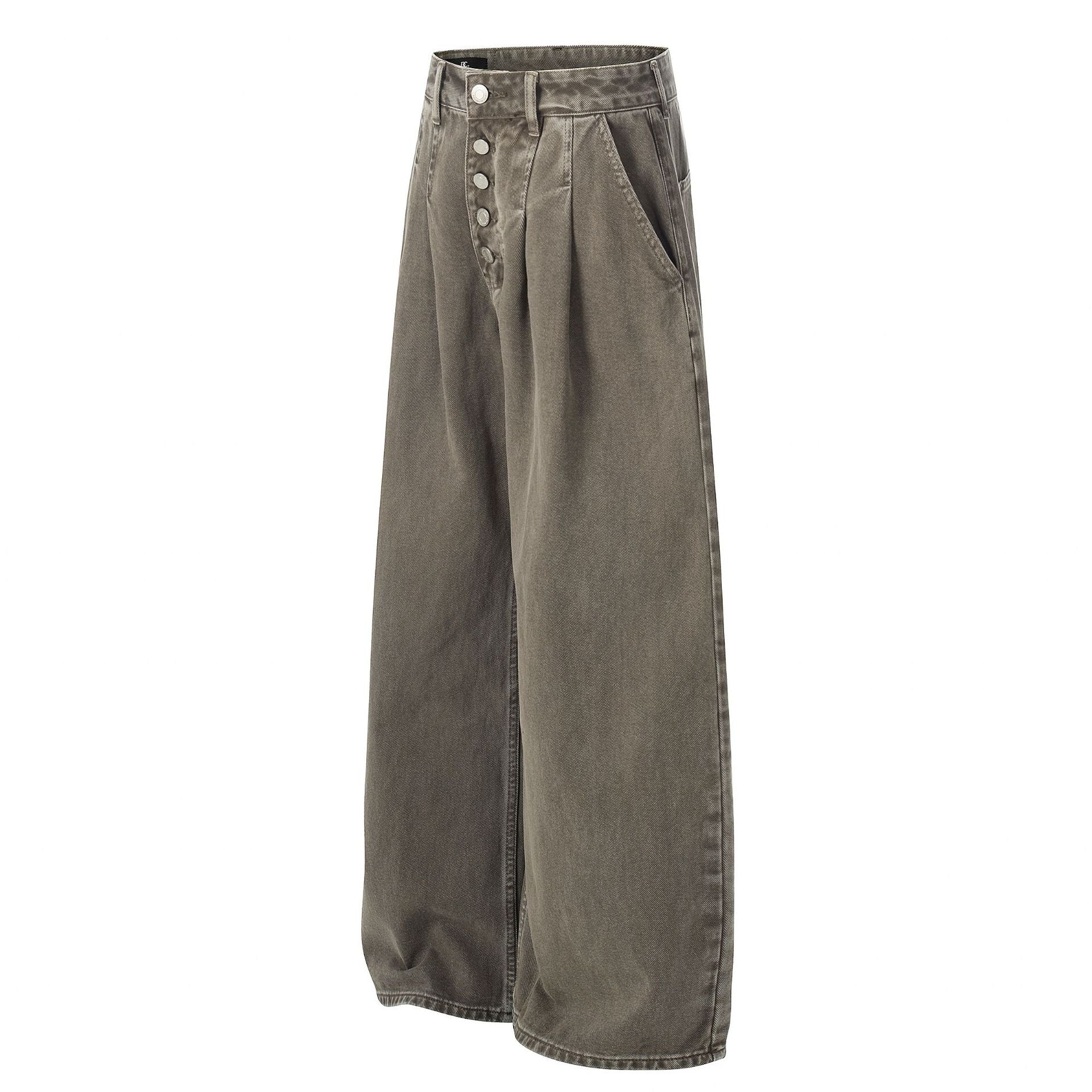 Multi-Button Pleats Wide Leg Barrel Denim Jeans
