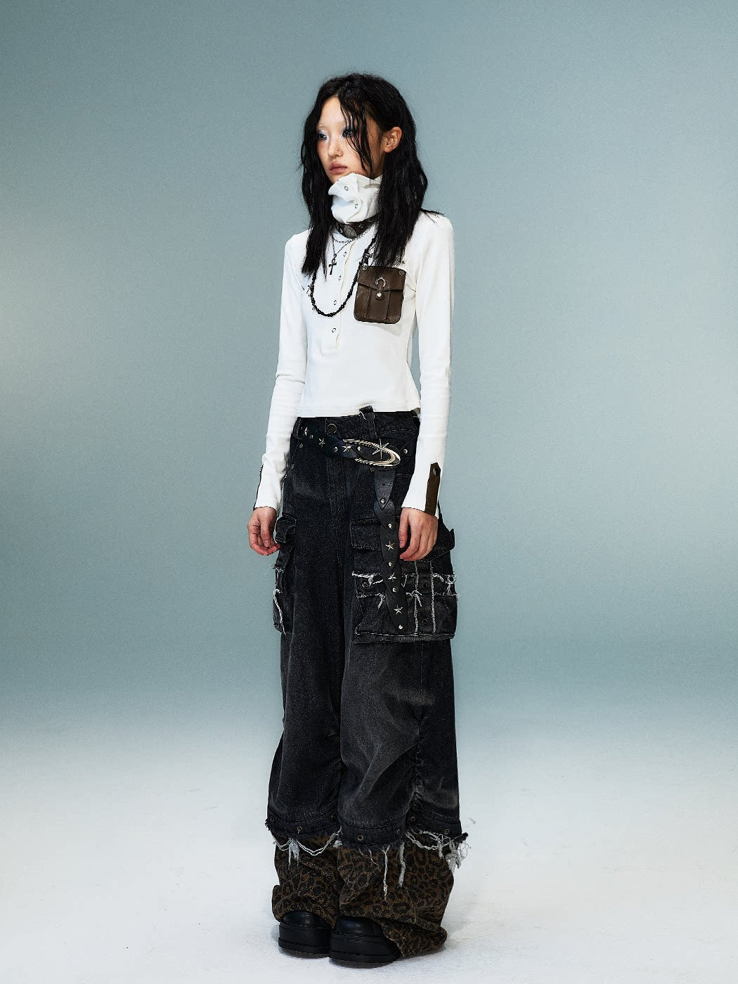 High-Neck Convertible Slim Knit Long Sleeve Shirt