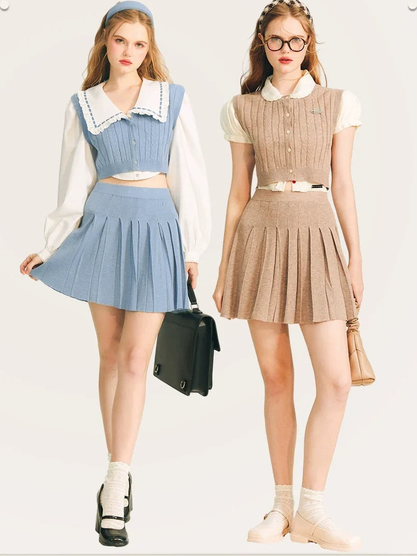 Button Knit Vest & Knit Pleated Skirt Setup