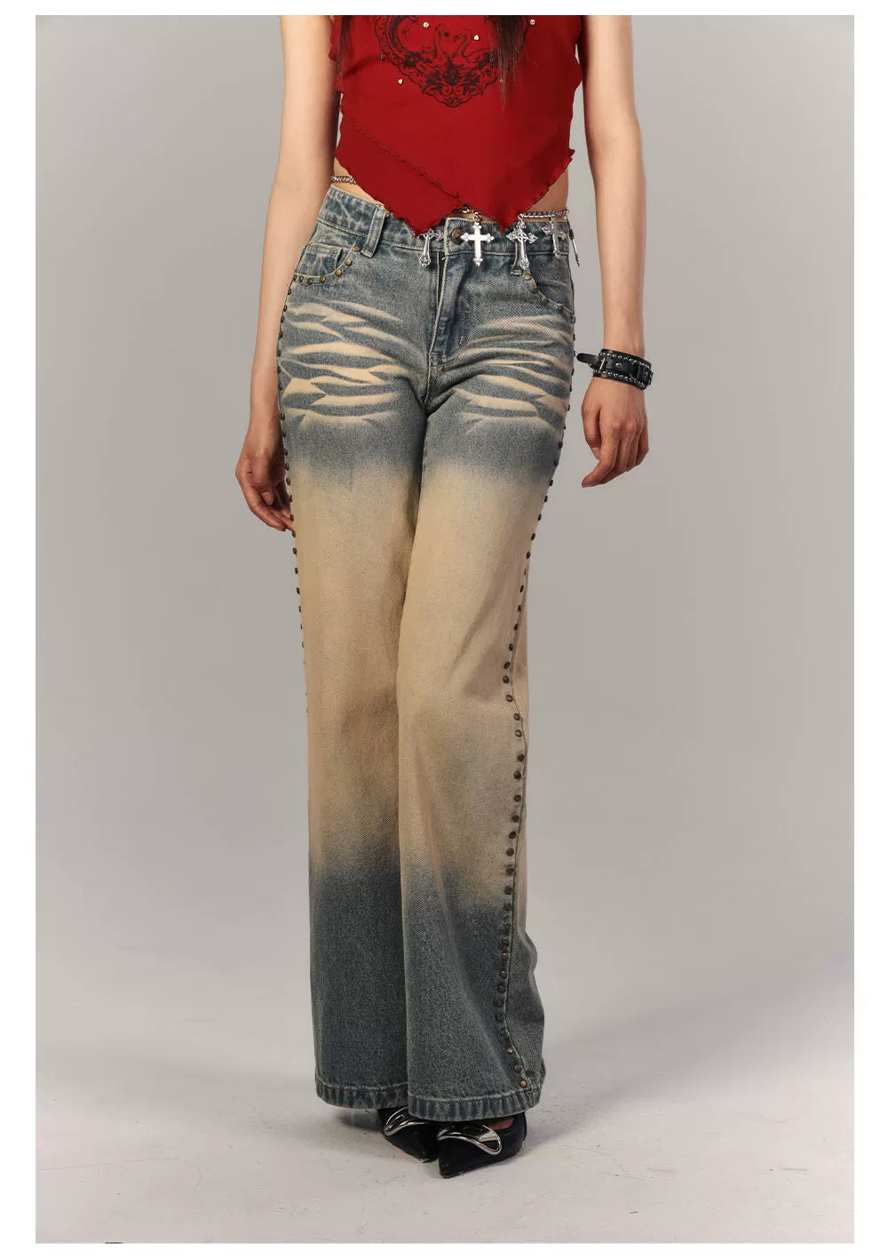 Washed Gradient Studs Detail Flare Denim Jeans