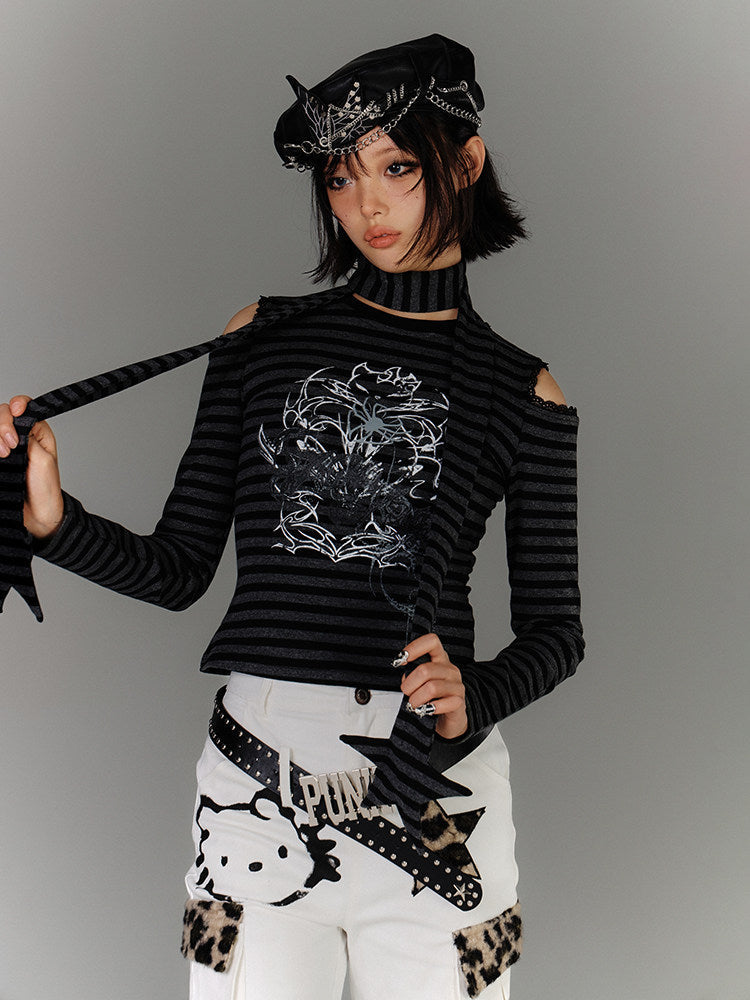 Stripe Graphic Print Cutout High-Neck Long Sleeve T-Shirt & Stripe Star Scarf