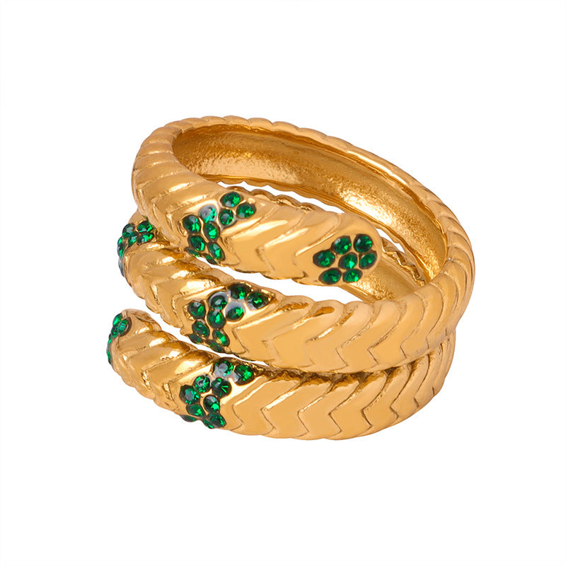 Retro Gold-Plated Snake Ring with Green Gemstones, Vintage-Inspired Jewelry, Women's Statement Accessory, Stackable Band with Rhinestones, Popular Fashion Trend, Ideal Gift for Her, Best Seller in Antique Rings.