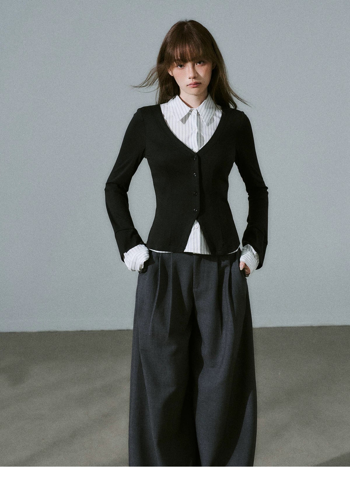 Layered Lyocell Wool Stripe Office Commuter Kinit Cardigan