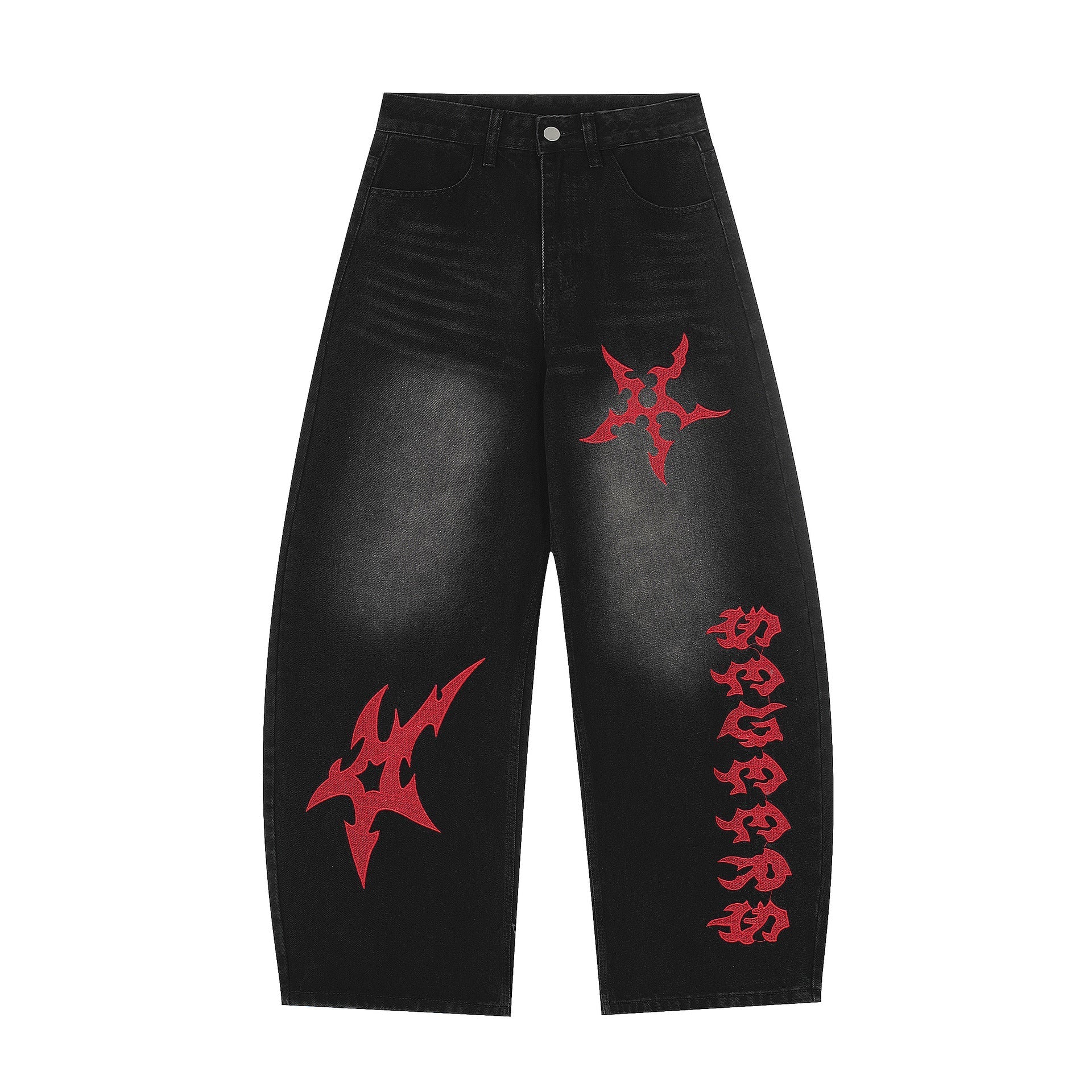 Washed Tribal Print Wide Leg Denim Jeans