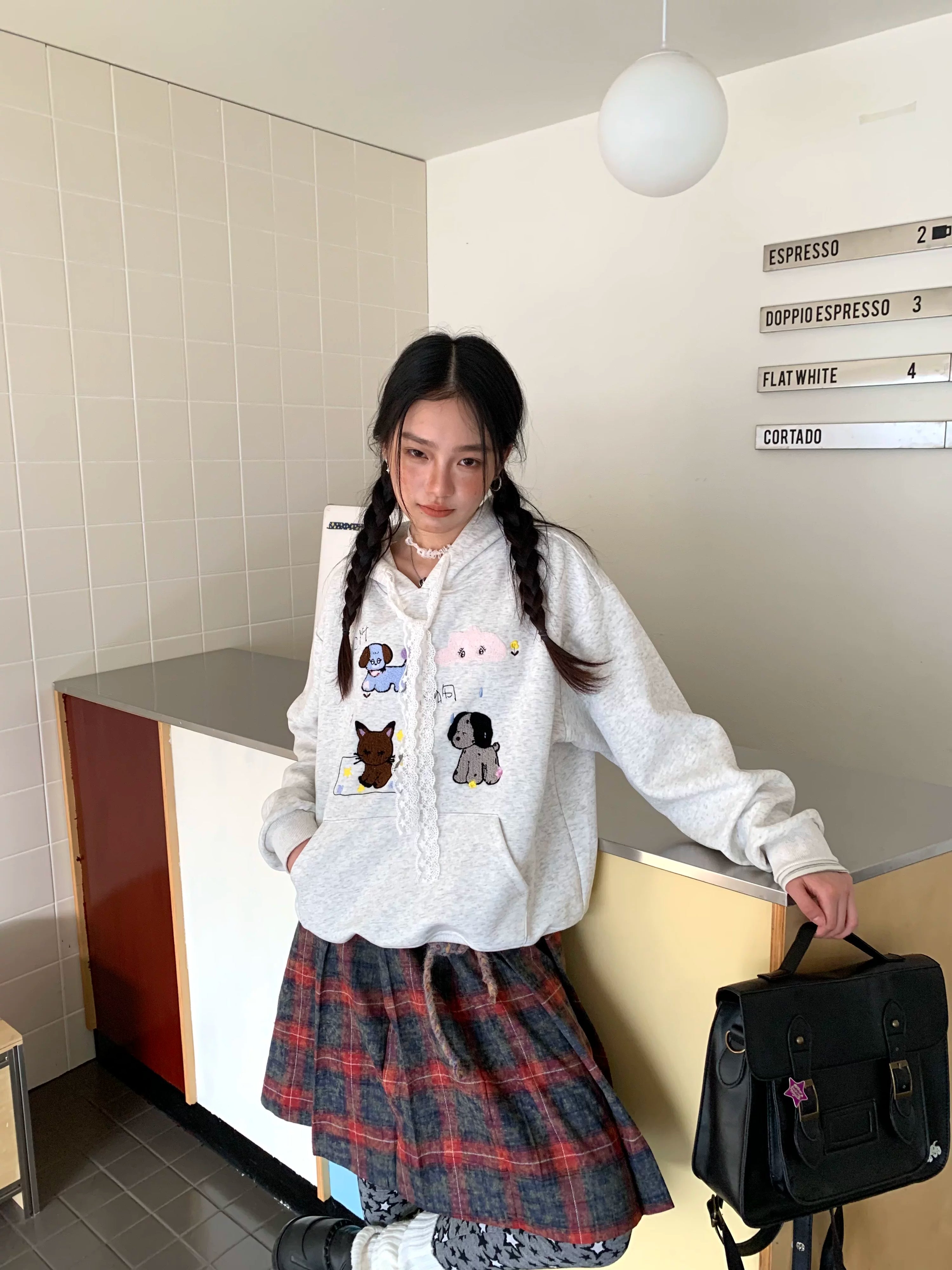 Lace Embroidery Dog Print Oversize Pullover Hoodie