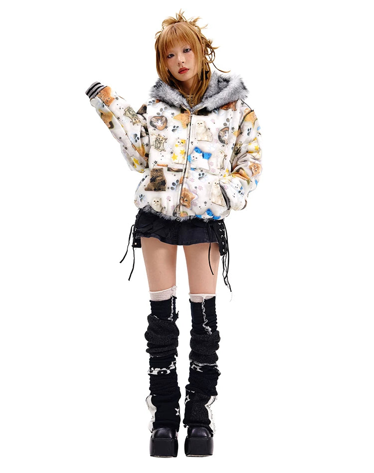Cat Print Reversible Fur Zipper Jacket