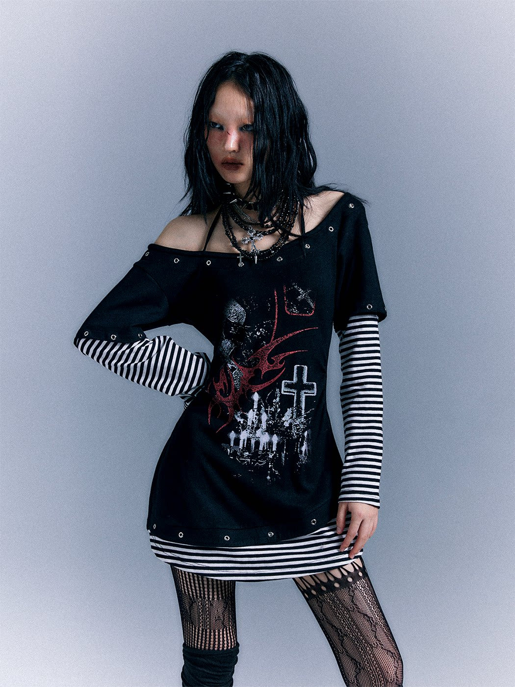 Light Punk Stripe Long Sleeve Graphic Waist-Cinching T-Shirt Dress
