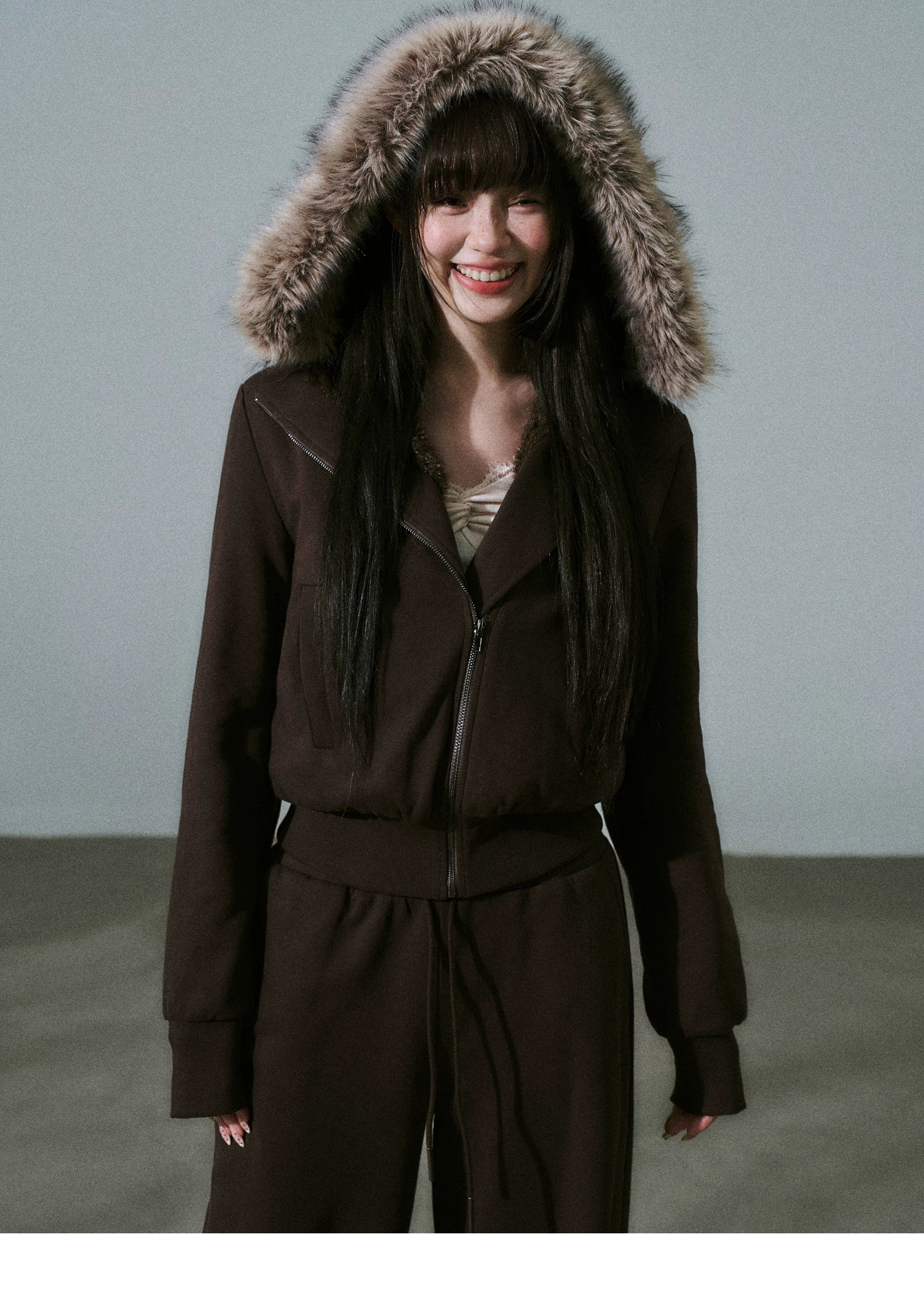 Fake Fur Hooded Zip-Up Jacket & Seatpants Setup