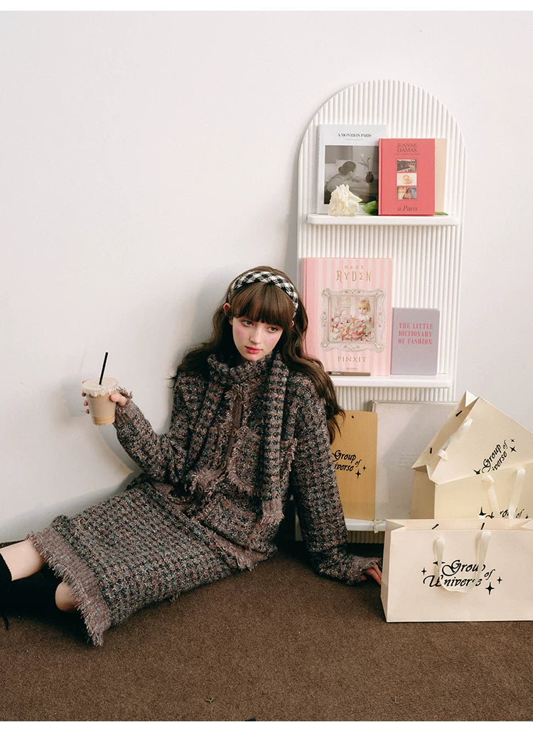 Plaid Button Cardigan & Scarf & Long Skirt Setup
