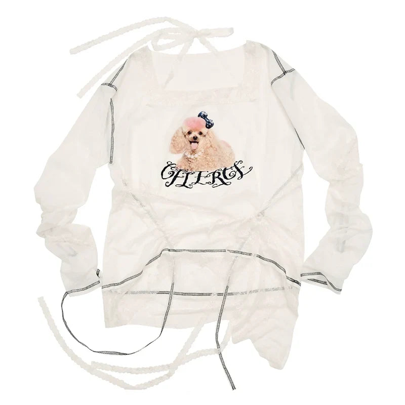Dog Print Lace-Trim Long Sleeve T-Shirt