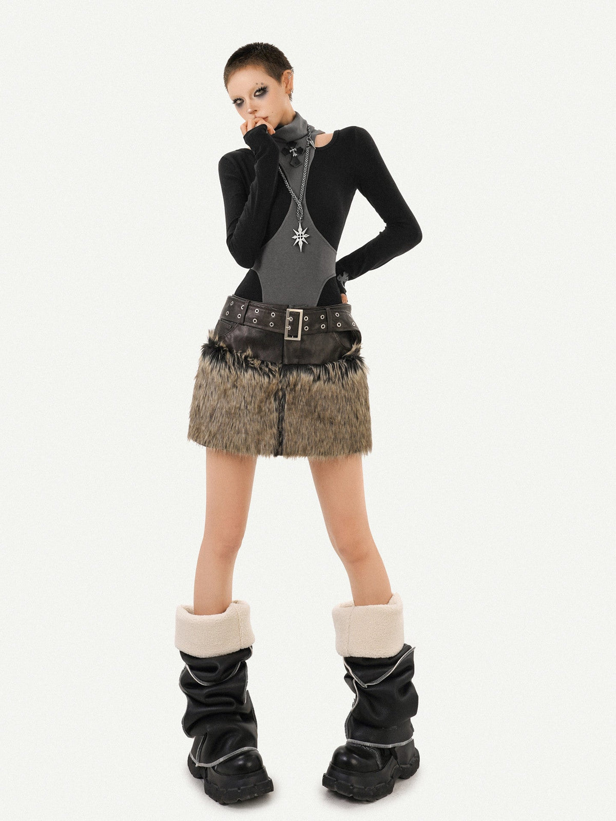 Reversible Fake Fur PU Leather Jacket & Skirt Setup