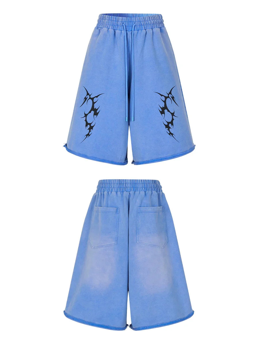 Oversize Washed Print Zipper Hoodie & Wide-leg Half Sweatpants Setup