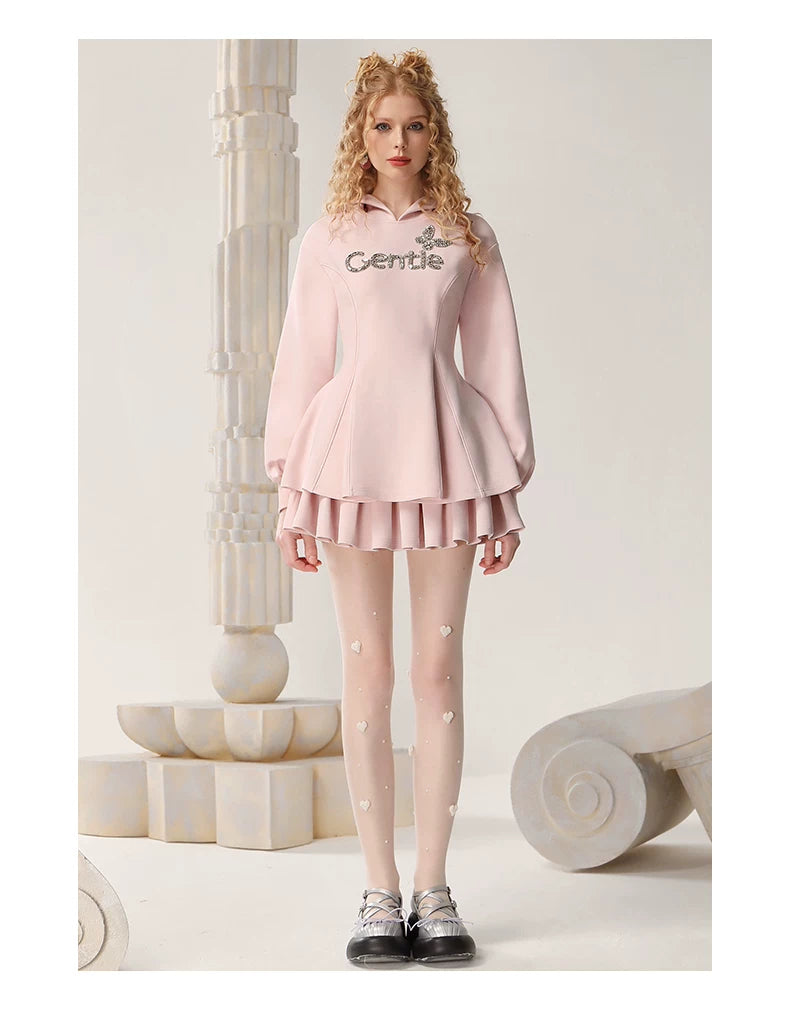 3D Characters Hoodie & High Waist Pleats Skirt Setup