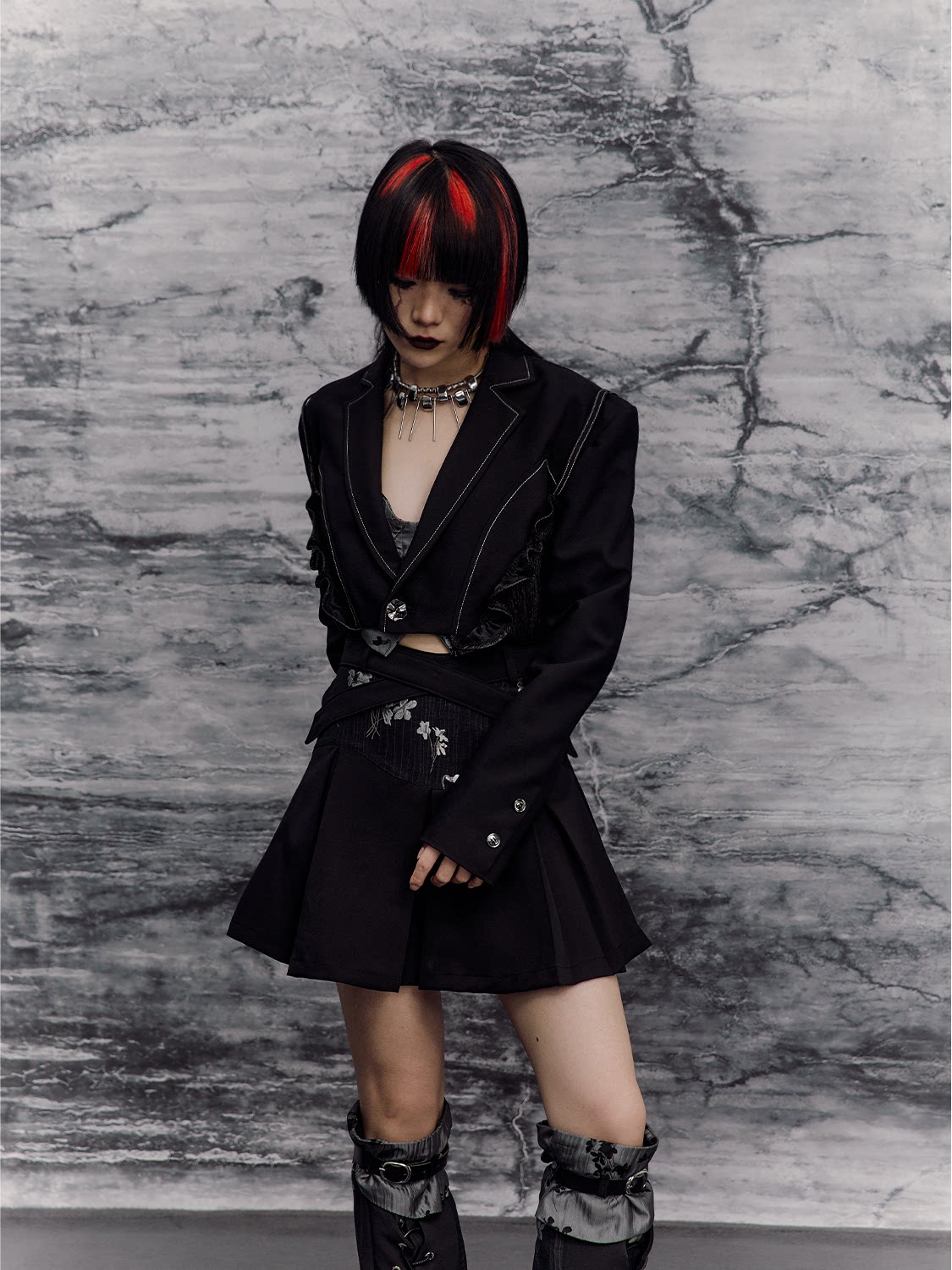 Floral Camisole Bustier & Flare Leg Warmers & Pleats Skirt & Cropped Jacket Setup