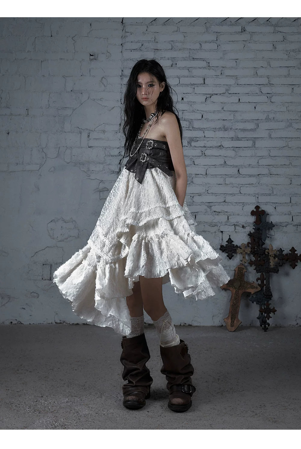 Asymmetric Lace Layered Belt Detail Skirt
